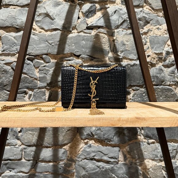 Saint Laurent Black Croc Embossed Small Kate Tassel Chain Bag - Picture 1 of 16